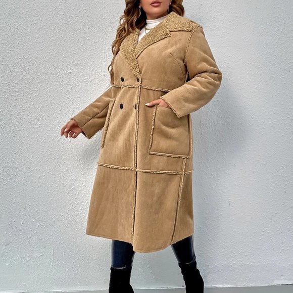 Reg or Plus Size camel Double Breasted Teddy lined faux suede Coat Jacket fall - Picture 10 of 11